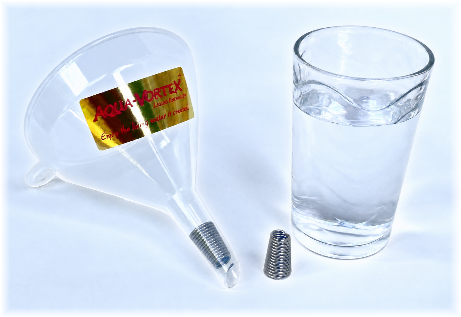 AQUA-VORTEX stainless-steel water energiser with funnel and glass of water